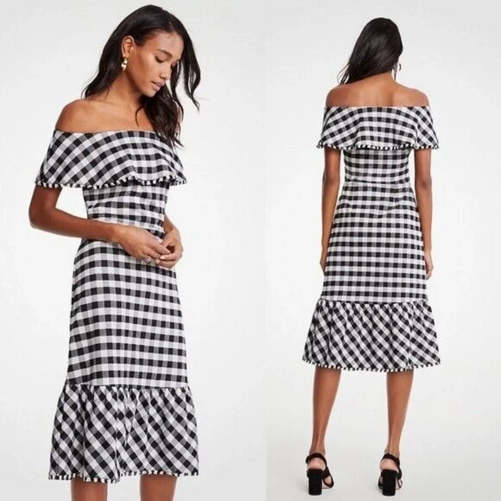 Ann Taylor Dress Gingham Print Off Shoulder Ruffle Black White - Picture 1 of 12